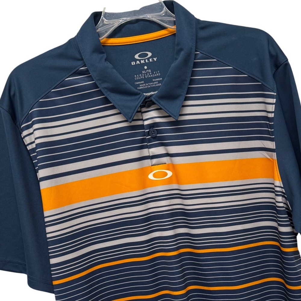 Oakley Hydrolix Mens XL Navy Blue Orange Striped Golf Polo Shirt Regular Fit